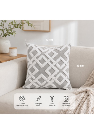 Maze 43x43 Cm Dekoratif Kırlent Kılıfı Geometrik Dokulu Modern Koltuk Yastık Kılıfı Gri
