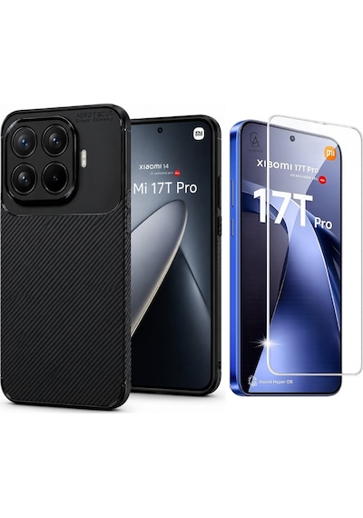 Xiaomi Mi 17t Pro İle Uyumlu Karbon Tasarım Silikon Telefon Kılıfı Ve Temperli Cam Ekran Koruyucu Siyah