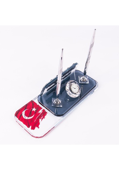 Türk Bayrağı Baskılı Masa İsimliği İki Kalemli Saat Gümüş İsimlik