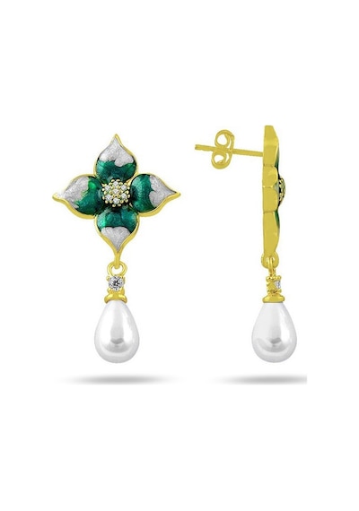 Brezza Lusso Jewelry Altın Kaplama Mineli Çiçek Model Sallantılı Inci Bayan Küpe