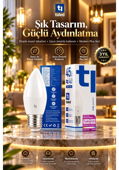Tuled Redeem Plus 4.3 W Led Ampul, 5700 Kelvin E27 C 37s , Titreşimsiz, Göz Konforu, 609 Lümen, Parlak Beyaz Tekli