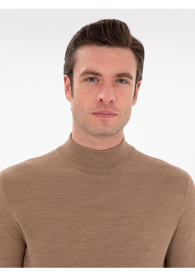 Cacharel Camel Slim Fit Yün Karışımlı Yarım Balıkçı Yaka Basic Triko Kazak Kahverengi