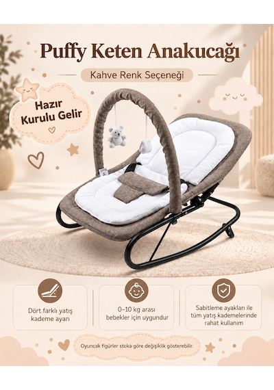 Puffy Keten Anakucağı - Hazır Kurulu Gelir- Sallanır - 4 Kademe - Anadizi Sabitlenebilir-kahve