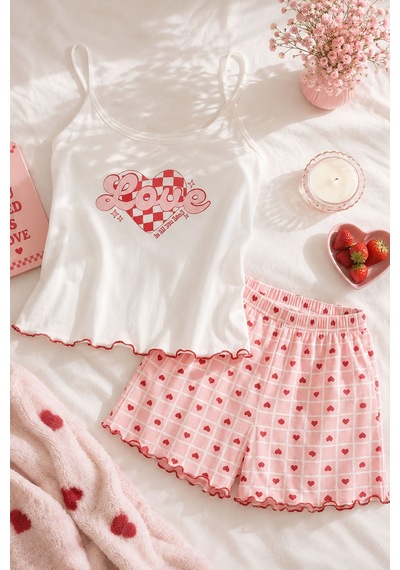 Koza İç Giyim Kadın İnce Askılı Desenli Pamuklu Şortlu Pijama Takımı Kk30231 Pembe - Beyaz