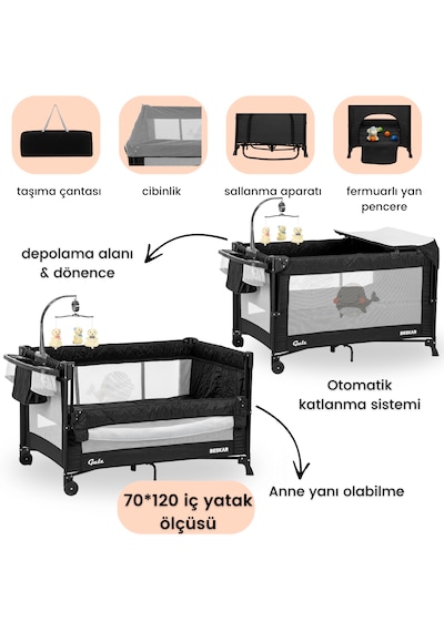 Gulz Beskar Anne Yanı Sallanır Cibinlikli Dönenceli Alt Açmalı Oyun Parkı Bebek Beşik 70x120 Cm Siyah