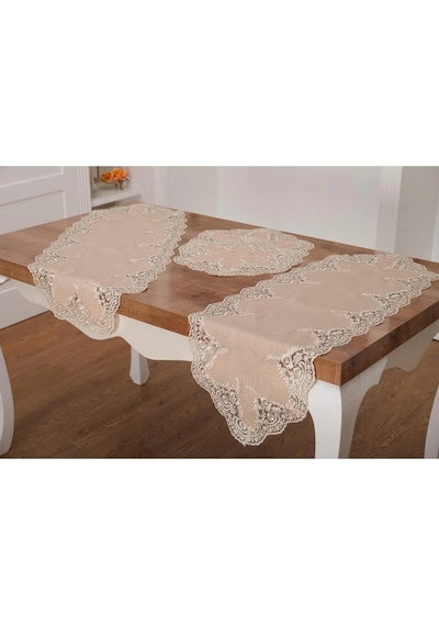 Nadide Lüx Güpürlü Simli Keten Kumaş Bej Salon Takımı 5 Parça 40x160 Cm 1365 Bej