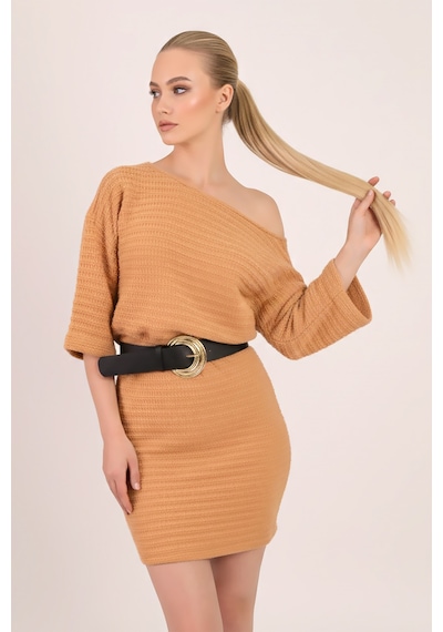 Armonika Kadın Camel Kayık Yaka Yarasa Kol Yumuşak Dokulu Elbise Arm-26k001039
