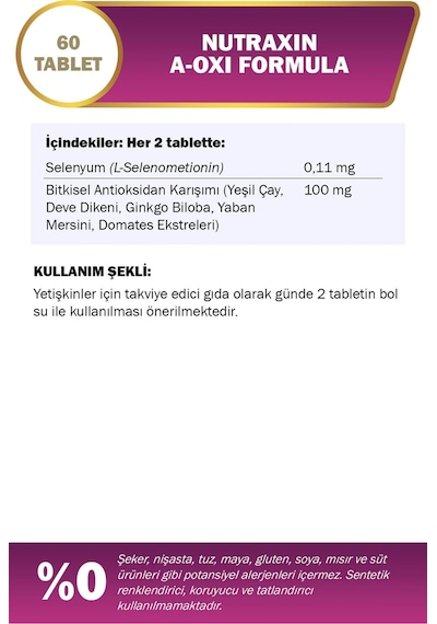 Nutraxin A-Oxi Formula Glutathione Resveratrol 60 Tablet Astaksantin Q-10 Çinko Bakır Selenyum