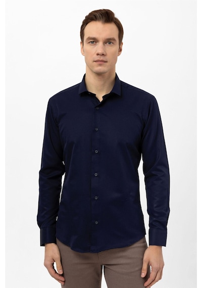 Süvari Lacivert Slim Fit Armürlü Klasik Yaka Gömlek