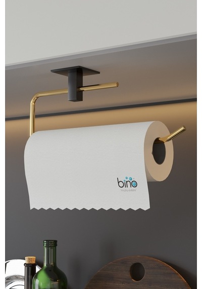 Bino Gold Paslanmaz Dolu Çelik, Kağıt Rulo Havluluk, Peçetelik, Yapışkanlı Tasarım, Banyo Askısı Sarı
