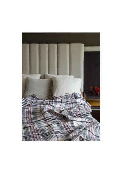 Nixa Skoç Ekose Desenli Püsküllü Çift Kişilik Battaniye Ekru Gri Bordo 180x220 Cm Çok Renkli