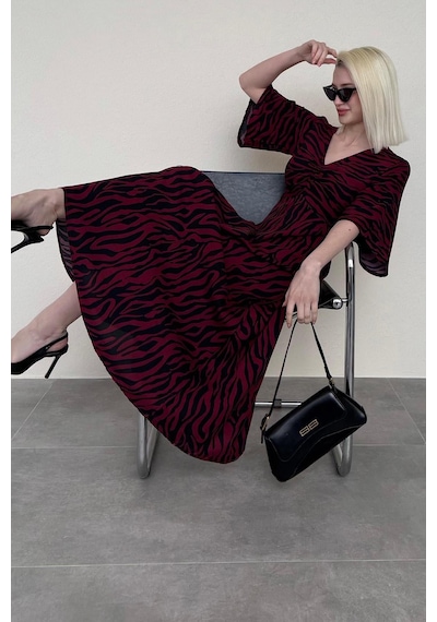 Madmext Bordo Zebra Desenli V Yaka Yarım Kollu Elbise Mg2394