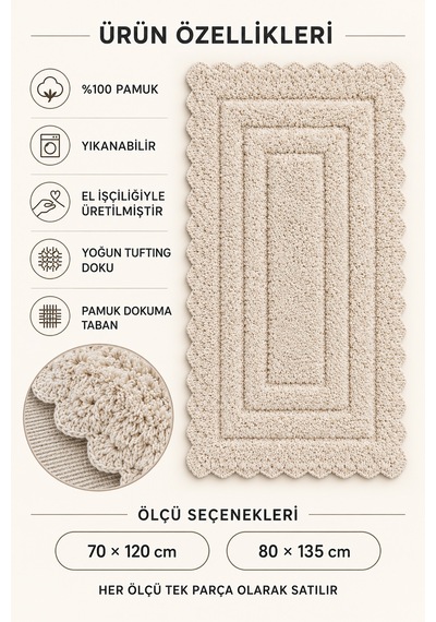 Alanur Bodrum Tufting Cotton Pamuklu El Işi Örgülü Paspas 110 80 X 135 Cm Bej