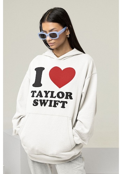 I Love Taylor Swift Baskılı Unisex Oversize Şarkıcı Hoodie Beyaz