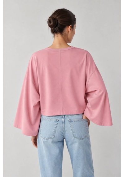 Genel Markalar Kadın Oversize Crop Geniş Kollu Basic Sweatshirt Pembe