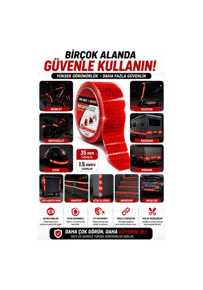 Kırmızı Reflektif Bant 3.5 Cm X 1.5 Metre Kendinden Yapışkanlı Gece Görünürlük Güvenlik Bandı Bisikl