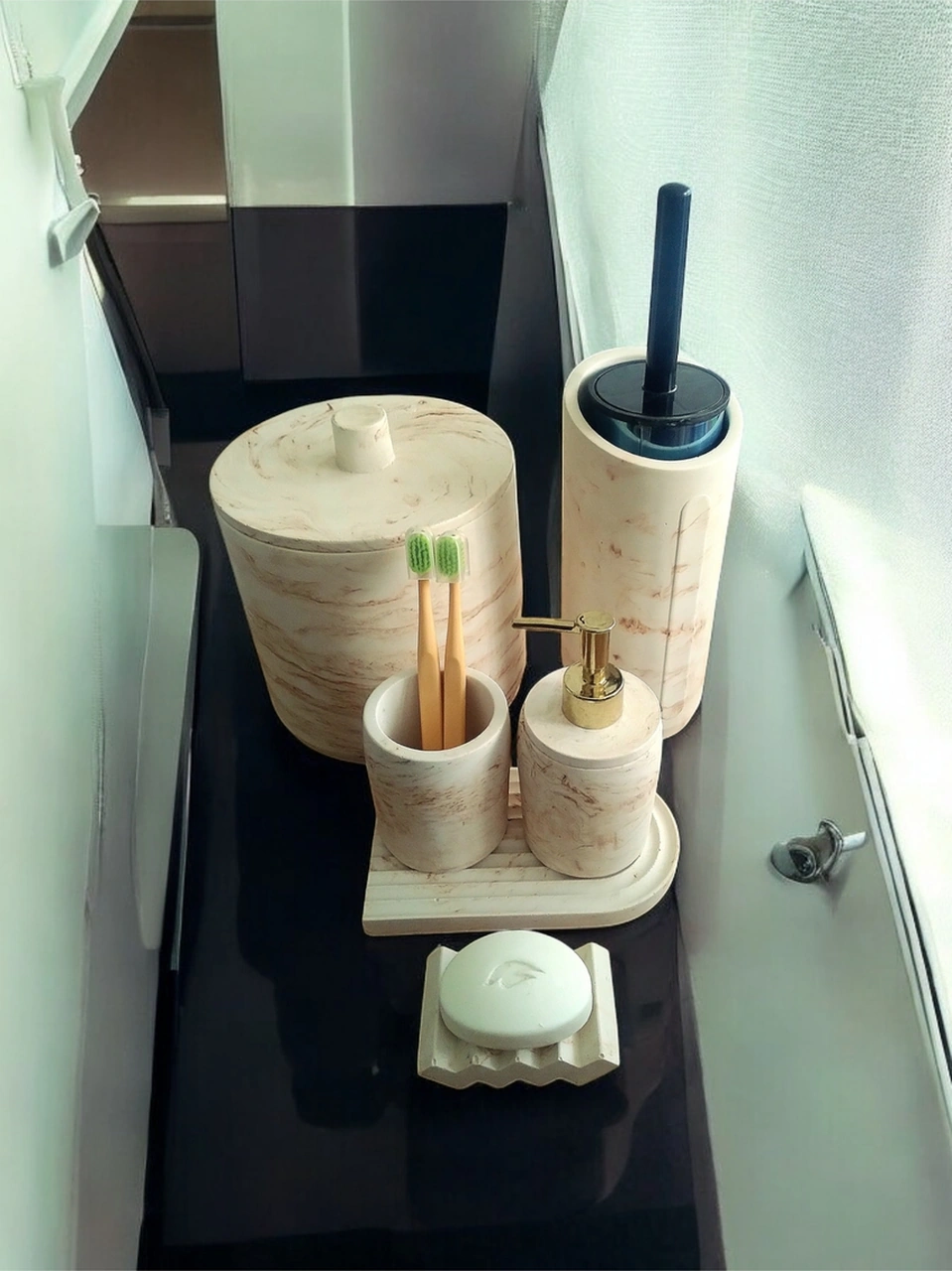 Mermer Serisi Kahve Bej Beton Banyo Seti,çöp Kovasi,tuvalet Fırçası Takimı Bej