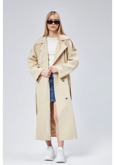 Kadın Oversize Astarlı Uzun Trençkot Vizon