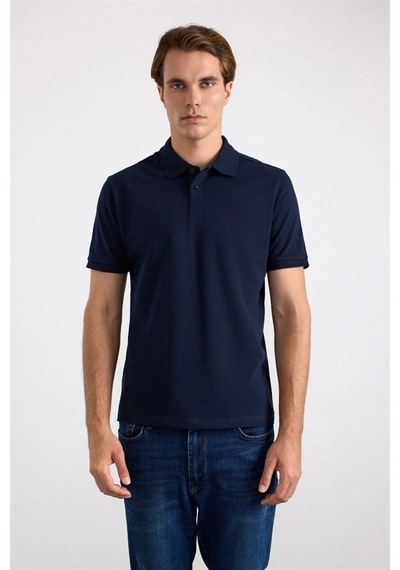 Süvari Lacivert Regular Düz Nakışlı Pike Düğmeli Polo Yaka Tişört Ts1014000473-m09