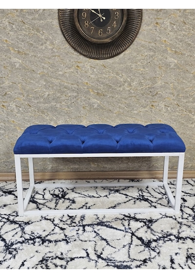 Zafir Beyaz Boyalı Diktörtgen 100 Cm X 40 Cm Oturak Puf - Bench - Makyaj Oturağı - Oturak Mavi