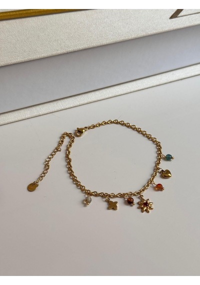 Renkli Taşlı Çiçek Kalp Figürlü Altın Renk Charm Kadın Halhal Altın