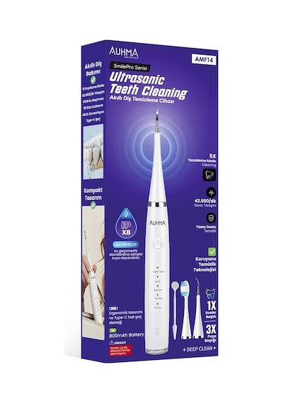 Auhma Amf14 Ultrasonik Diş Temizleme Cihazı Siyah 42.000 Titreşim/dk 5 Mod Ipx8 Su Geçirmez