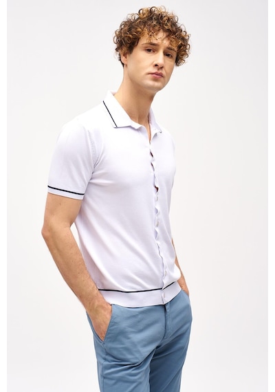 İgs Beyaz Slim Fit Dar Kalıp Düğmeli Polo Yaka Desenli Kısa Kollu Triko Tişört-16312