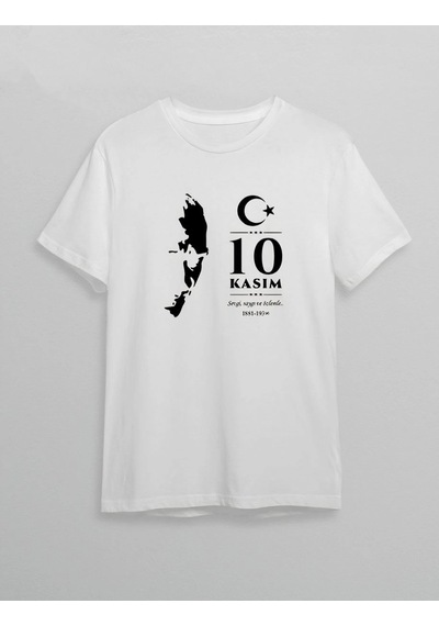 Freedom Storee 10 Kasım Atatürk Anma Günü Silüet Baskılı Oversize Bisiklet Yaka T-shirt - Beyaz Çok Renkli
