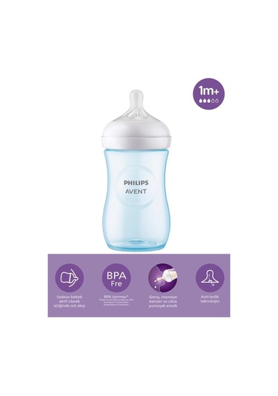 Mey İthalat Doğal Tepkili Natural Response Pp Biberon 260 Ml 1+ Ay Mavi