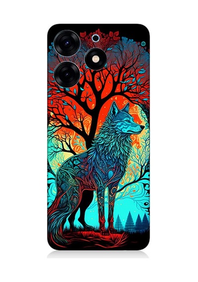 Tecno Spark 10 Pro Uyumlu Silikon Kılıf Tribal Vitray Kurt Ve Ağaç