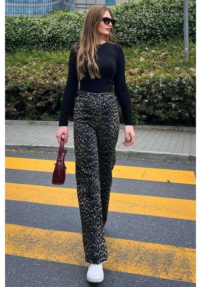 Seeh Siyah Leopar Palazzo Kadın Jean Pantolon Sh352 Desenli