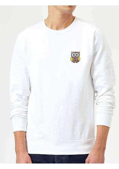 Baykuş Sevimli Baykuş Göğüs Baskılı Beyaz Erkek Sweatshirt