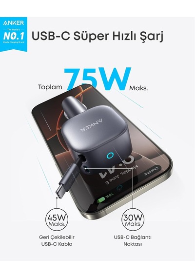 Nano Usb-c Araç Şarj Cihazı, 75w, Ultra Kompakt Type-c Hızlı Şarj Cihazı, Entegre Geri Çekilebilir Kablo, Gri -
