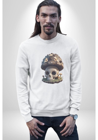 Kurukafa Mantar Ev Unisex Beyaz Baskılı Sweatshirt Beyaz