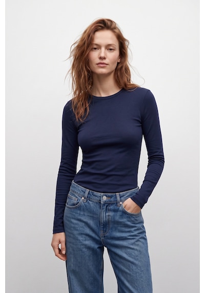 Elemge %95pamuk %5likra Vücuda Oturan Magic Fit Lacivert Kadın Stretch Uzun Kollu T-shirt Compact Penye Esnek Basic Tişört Elastan Bluz