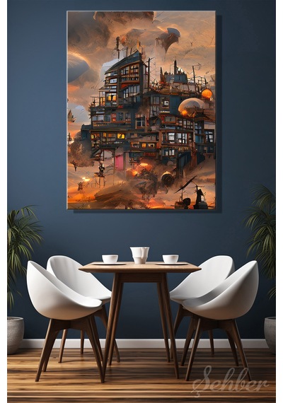 Dikey Kanvas Tablo Tekli Ev Kafe Ofis Steampunk Veya Post-apokaliptik Şehir Konsepti 2725