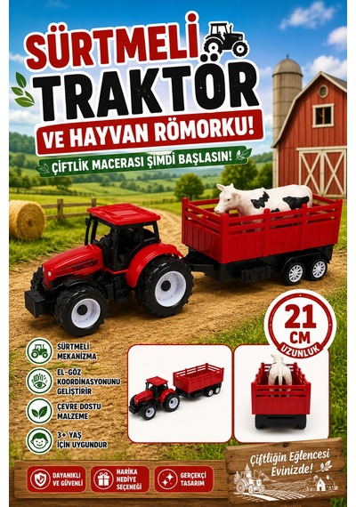 Oyuncak Sürtmeli Traktör Ve İnekli Hayvan Römorku Çiftlik Seti 21 Cm