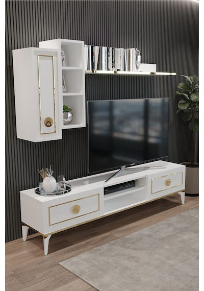 Tocco 1051 Mahur Modern Kitaplıklı Raflı Sehpa Tv Ünitesi-beyaz