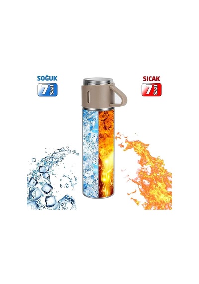 6007 Kupa Bardaklı Paslanmaz Çelik Termos Seti 500 Ml - Kahverengi Çok Renkli