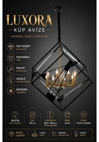 Modern Premium Siyah Metal Kafes Sarkıt Avizesi 8 Ampül Hediyeli X E14 Duy Salon Mutfak Modelleri