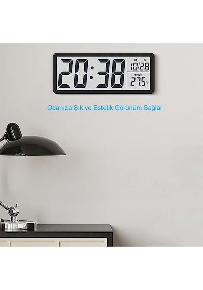 Modern Lcd Dijital Duvar Saati 20x8 Cm Usb Ve Pilli Zaman, Tarih, Sıcaklık Siyah