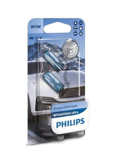 Philips T10 W5w Whitevision Ultra Halojen Sinyal Lambası, Çift Kabarcık, 35484330, Arabalar İçin, Beyaz Gün Işığı