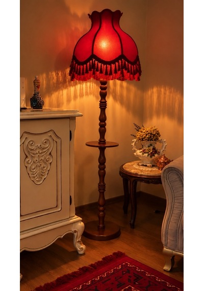 Bordo Kadife Kaplı Püsküllü Başlık Doğal Ahşap Sehpalı Ayaklı Vintage Lambader 170x45cm