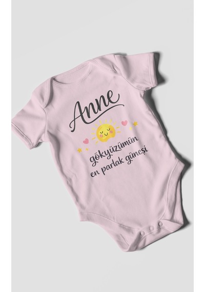 Morivokids Anne, Gökyüzümün En Parlak Güneşi Kısa Kollu Bebek Body Bebe Pembe