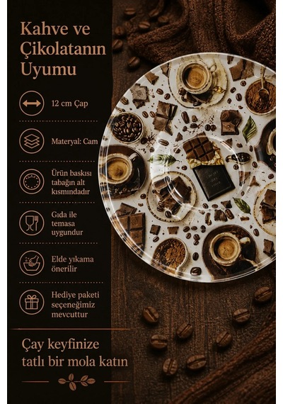 6 Lı Cam Çay Tabağı Kahve Ve Çikolata Desenli 12 Cm 6 Adet Çay Tabak Kahverengi