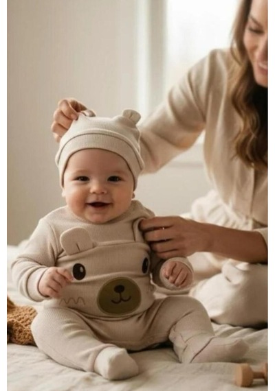 Altıntaş Baby Kulaklı Ayıcık Nakışlı Bereli Erkek Bebek Fitilli Tulum Krem Krem