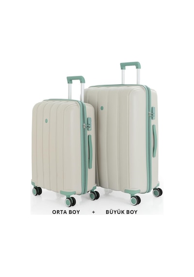 Mçs Bavul Büyük Ve Orta 2li Set Kırılmaz Silikon Valiz V305 Kemik/suyeşili Bej