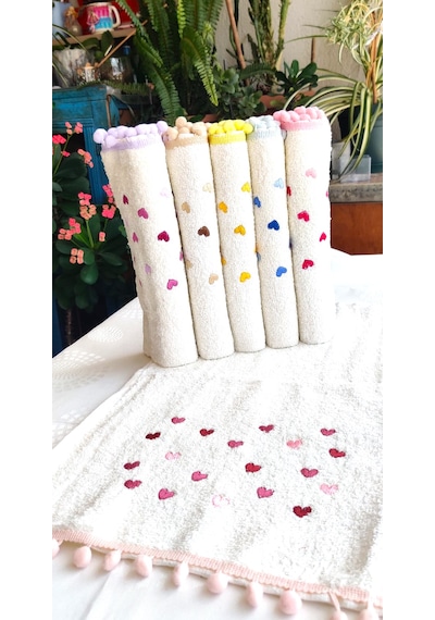 Annem 30x50 Cm. 6'lı Set Kalp Nakışlı Ponponlu Bukle Havlu Set