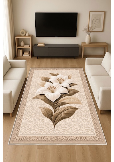 STY Home Krem Çiçekli Dijital Baskı Halı Kaymaz Tabanlı Yıkanabilir Halı Yolluk Salon Halısı142
