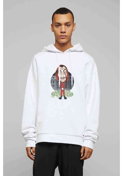 La Casa De Papel Baskılı Beyaz Erkek Örme Kapşonlu Sweatshirt (531040203)